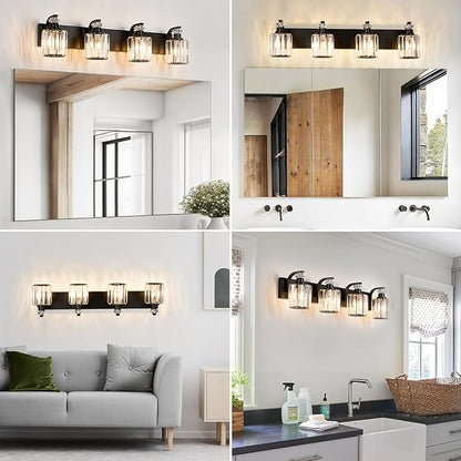 Black Bathroom Light Fixtures with K9 Crystal Lampshade Bathroom Lighting Over Mirror Vanity Lights for Living Room,Bedroom,Restroom,Hallway 4 Lights