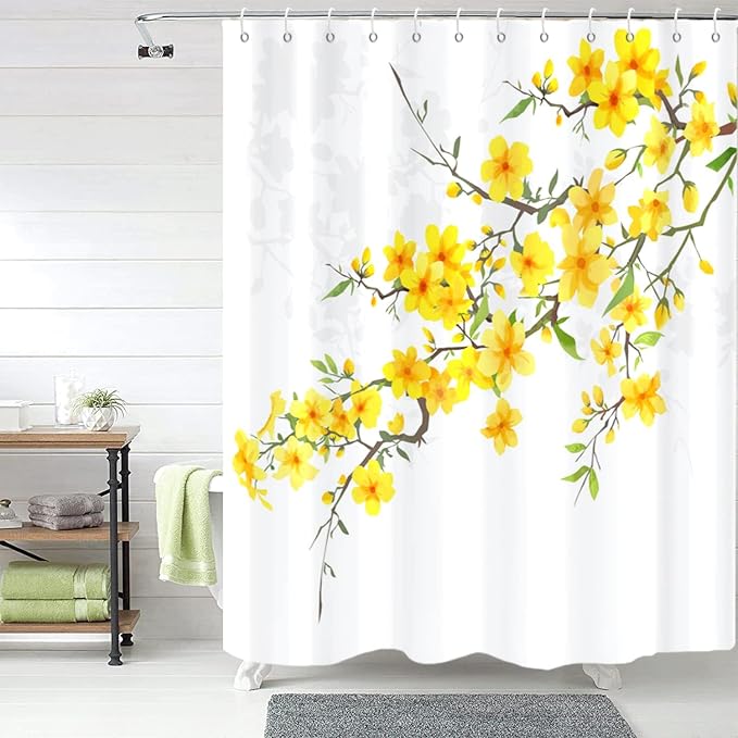 Yellow Floral Extra Long Shower Curtain, Flower Blossom Plant Botanical Spring Durable Waterproof Fabric Machine Washable with Hooks for Bathroom Bathtub 72Wx84H