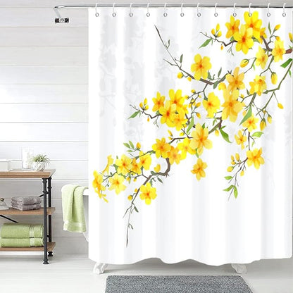 Yellow Floral Extra Long Shower Curtain, Flower Blossom Plant Botanical Spring Durable Waterproof Fabric Machine Washable with Hooks for Bathroom Bathtub 72Wx84H