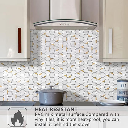 STICKGOO Peel and Stick Backsplash for Kitchen, Self-Adhesive Tile Hexagon Mosaic Tiles (10 Sheets, White Marble with Metal Gold )