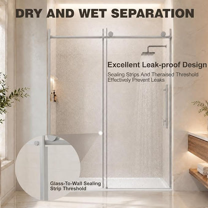 60" W x 73" H Single Sliding Glass Shower Door, Chrome Finish | Frameless Water Repellent Bypasss Walk-in Bathroom Door, 5/16" (8mm) SGCC Tempered with Explosion-Proof Film, Nano Coating