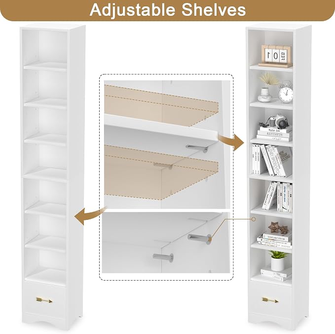 VECELO Tall Narrow Bookshelf with Drawer, 6 Adjustable Movable Shelves, Wood Space Saving Corner Storage Cabinet for Bathroom Bedroom, Pearl White