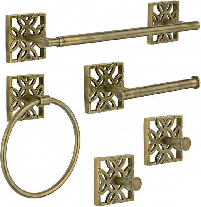 Autumn Alley 5 PC Vintage Brass Bathroom Accessories Set, Wall Mounted – Towel Racks for Bathroom, Bathroom Accessories, Bathroom Hardware Set, Brass Toilet Paper Holder, Towel Ring, Towel Hook