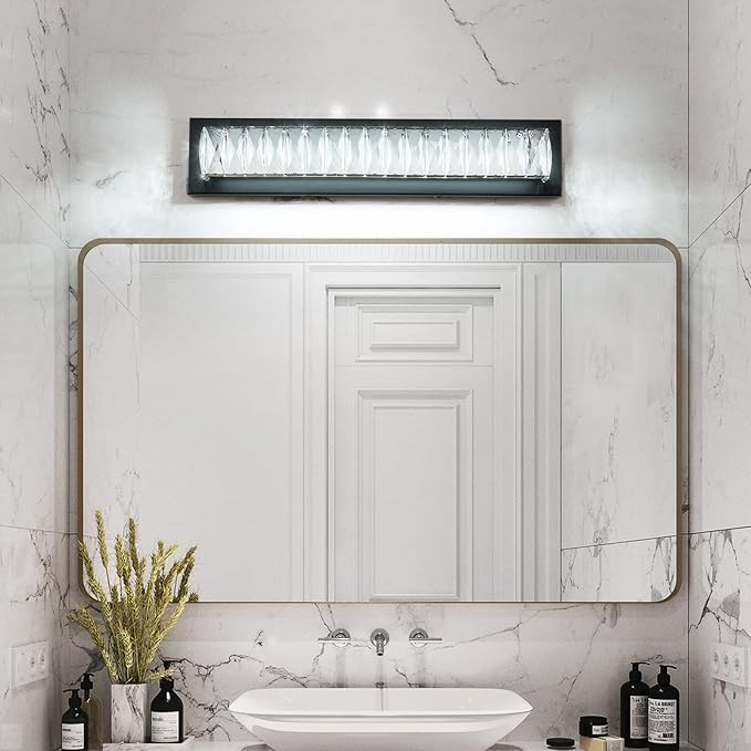 Bathroom Light Fixtures 23 Inch Modern Crystal Vanity Light LED Black Wall Sconce for Bathroom Vanity Mirror Lights Cool White 6000K