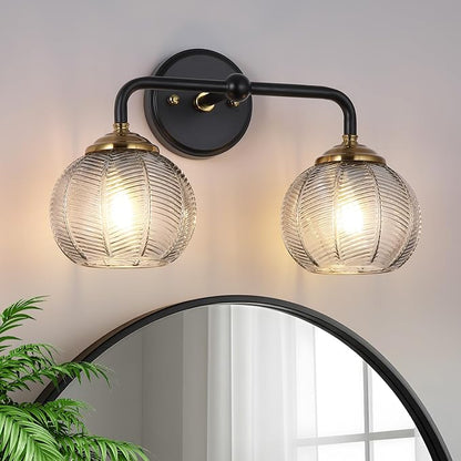 Mecgirn Bathroom Vanity Light Fixtures, 2-Light Smoky Gray Glass Shade, Modern Black and Gold Wall Sconce, Unique Textured Leaf Pattern, Ceramic E26 Sockets Wall Mounted for Mirror, Cabinet, Hallway