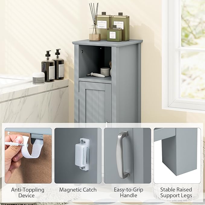Tangkula Bathroom Floor Cabinet, Freestanding Narrow Storage Cabinet with Anti-Tipping Device, 3-Height Adjustable Shelf, for Bathroom Home Office, 12 x 12 x 31.5 Inches (Grey)