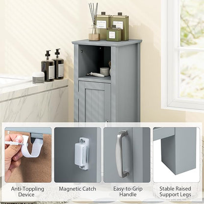 Tangkula Bathroom Floor Cabinet, Freestanding Narrow Storage Cabinet with Anti-Tipping Device, 3-Height Adjustable Shelf, for Bathroom Home Office, 12 x 12 x 31.5 Inches (Grey)