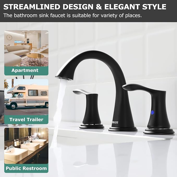 Bathroom Sink Faucet 8 Inch Widespread for Vanity, Matte Black | Mid Arc, 2 Handle Lead-Free Deck Mount Bathroom Faucet with Pop Up Drain Supply Lines, for 3 Hole Lavatory Utility Sink