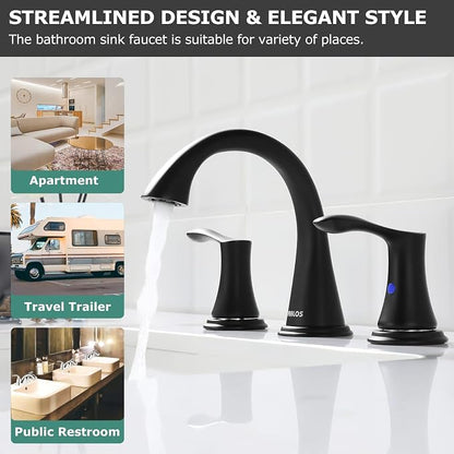 Bathroom Sink Faucet 8 Inch Widespread for Vanity, Matte Black | Mid Arc, 2 Handle Lead-Free Deck Mount Bathroom Faucet with Pop Up Drain Supply Lines, for 3 Hole Lavatory Utility Sink