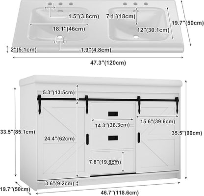 48 inch Bathroom Vanity with Sink,Double Bathroom Vanity with Sink Combo,Farmhouse Bathroom Vanity with 2 Sliding Doors&2 Drawer,White,48”*19.7“*35.5”
