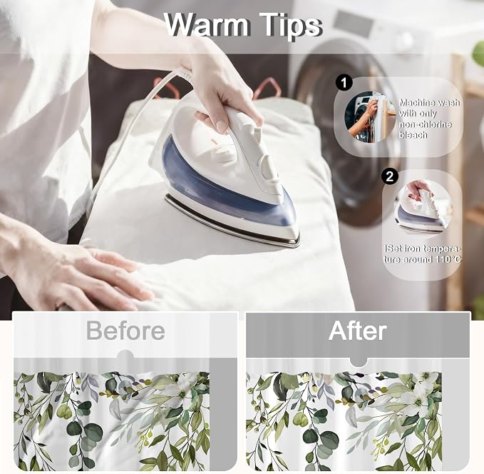 No Hook Shower Curtain and Liner Set, Sage Green Eucalyptus 71x74 | Floral Design, with Snap in Liner, See-Through Top Window, Waterproof, Machine Washable, Quick-Drying, for Hotel Bathroom