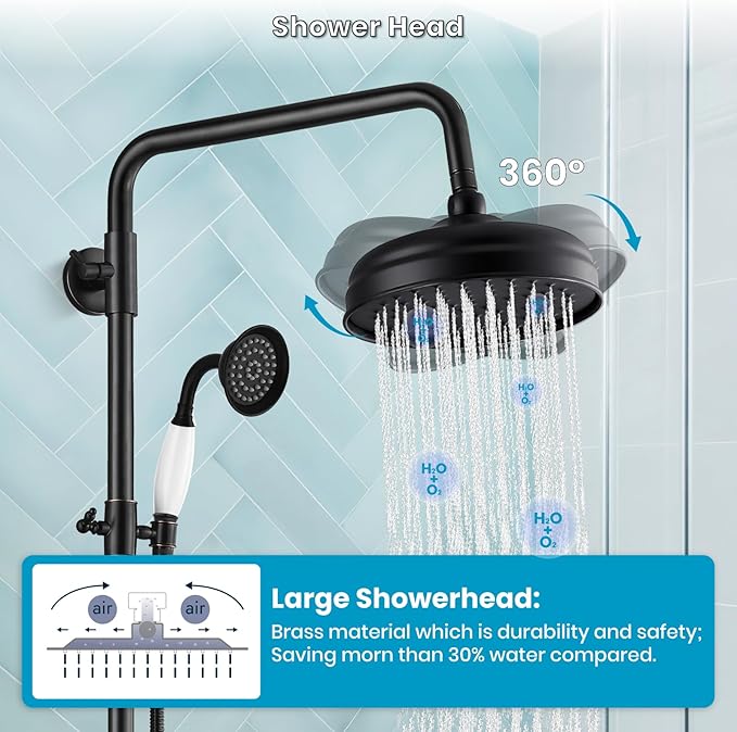 gotonovo Luxury Exposed Shower Faucet Set Bathroom Shower System 8 Inch Wall Mount Rainfall Shower Head with Handheld Spray Cross Double Handle Shower Fixture Adjustable Straight Rod Oil Rubbed Bronze