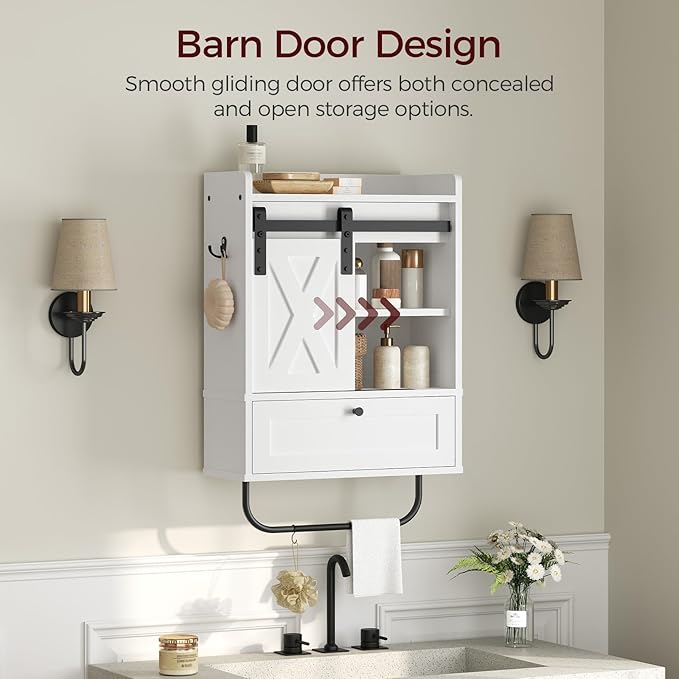 Bathroom Wall Cabinet, Farmhouse Medicine Cabinets with Sliding Door, Wall Mounted Storage Cabinet with Adjustable Shelf and Towel Bar, for Bathroom, Living Room, Kitchen, White