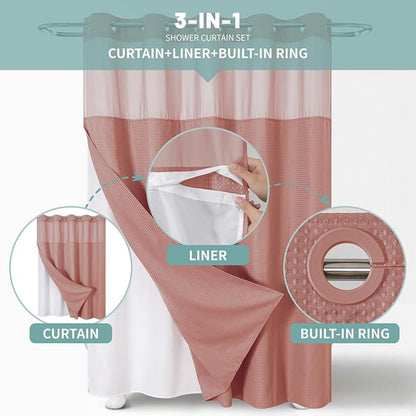 eachope No Hook Waffle Shower Curtain with Snap-in Liner, 71x80 Inch, Coral | 230 GSM waffle weave fabric, waterproof liner set with 2 bottom magnets, mesh top window, washable, for bathroom or hotel use