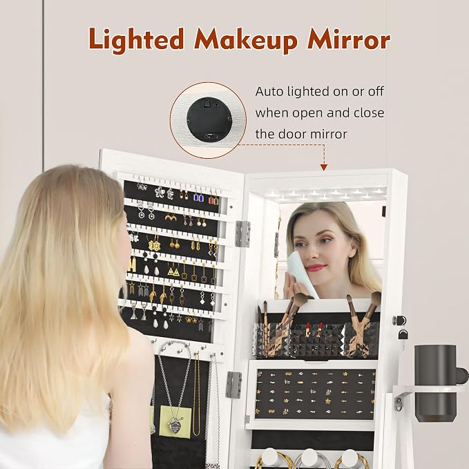 Mirror Jewelry Cabinet Standing, 360° Swivel Jewelry Armoire | with Drawer LED Lights, Lockable Jewelry Organizer with Storage Shelves