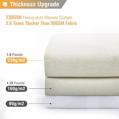 Linen Textured Waterproof Fabric Shower Curtain, 72x84, Light Cream | Heavy Duty Polyester Cloth, 12 Plastic Hooks, Quick-dry, Elegant Drape, Modern Hotel Style, Bathroom Decor, Machine Washable