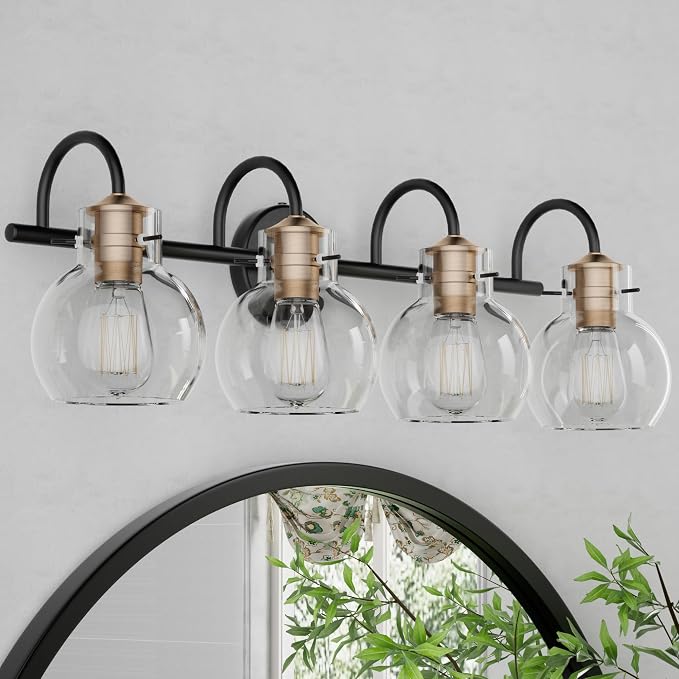 4 Lights Bathroom Vanity Light Fixtures Over Mirror Modern | Wall Sconce,Black & Brushed Cooper,Globe Glass Shade,E26 Base,UL Certified,Anti-Rust,Damp Rated,Bathroom Bedroom Living Room
