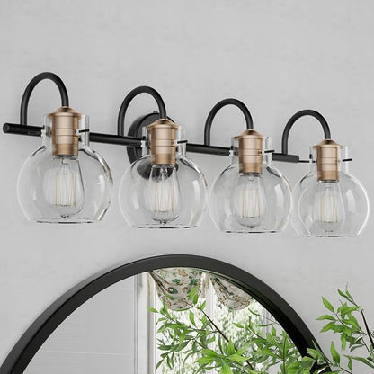 4 Lights Bathroom Vanity Light Fixtures Over Mirror Modern | Wall Sconce,Black & Brushed Cooper,Globe Glass Shade,E26 Base,UL Certified,Anti-Rust,Damp Rated,Bathroom Bedroom Living Room
