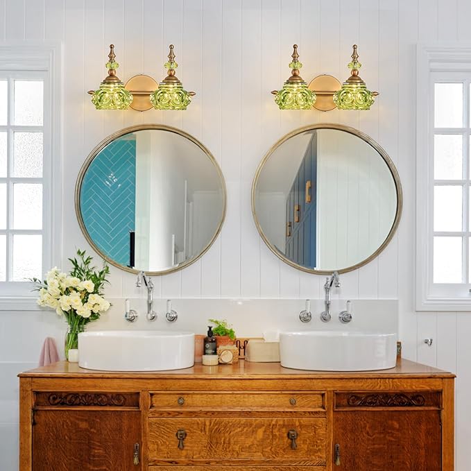 Vintage Vanity Light Fixtures, Green 2-Light Bathroom Lighting, Vintage Wall Sconce with Crystal Glass Shade Rust-Proof and Durable for Bathroom Bedroom Living Room Hallway