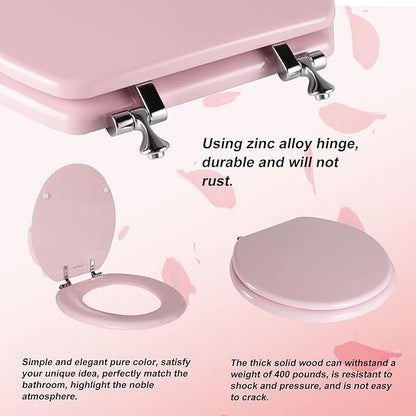 Pink Round Toilet Seat Natural Wood Toilet Seat with Zinc Alloy Hinges, Easy to Install also Easy to Clean, Scratch Resistant Toilet Seat by Angol Shiold (Round, Pink)