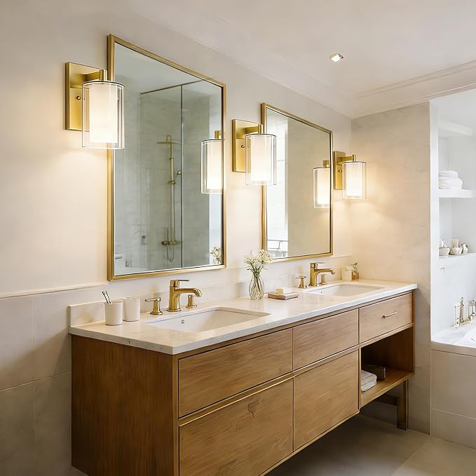 Wall Sconces Set of Two, Modern Gold Vanity Wall Lights | Double Clear Glass Shades With E26 Base, Farmhouse Wall Lights For Bathroom, Bedroom, Living Room, Mirror And Hallway.