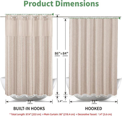 eachope No Hook Extra Long Shower Curtain Set with Snap-in Liner,Linen Textured Thick Striped Fabric with Tassels,Boho Chic Modern Farmhouse Bathroom Curtain,Water-Repellent,Tan/Taupe,71x86 | 330GSM Thick Linen Textured Striped Fabric with Tassels,Snap...