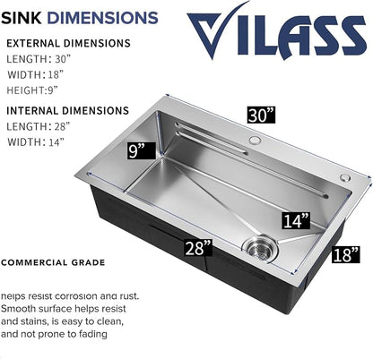 Kitchen Sink 30 Inch Drop In Kitchen Sink With Faucet Modern Stainless Steel Sink Top Mount Workstation Single Bowl Kitchen Sinks