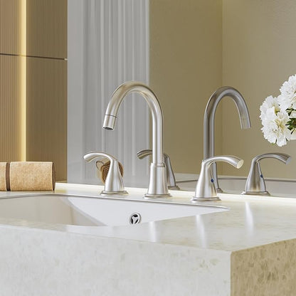 Phiestina 8 Inch Brushed Nickel Antique Rotatable Widespread Bathroom Faucet - Pull-Out Sprayer, Metal Pop-Up Drain, Water Supply Lines, 2 Handles for 3-Hole Sinks,WFJC180CL-BN