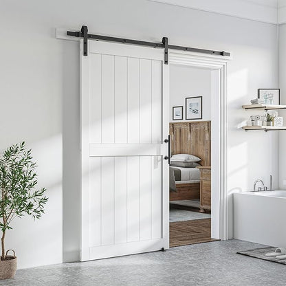 SMARTSTANDARD 42" x 84" White Sliding Barn Door with 7FT Black Hardware | Pre-Drilled Ready to Assemble, Waterproof PVC Coating, H-Frame