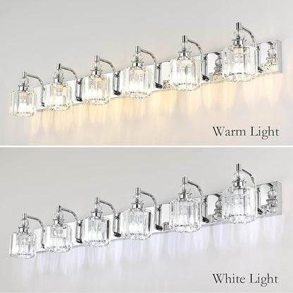 Ralbay Crystal Vanity Lights 6 Light 48" Modern Crystal Bathroom Lights Fixtures Over Long Mirror Stainless Steel Chrome Vanity Light for Bathroom Wall Lights Fixtures