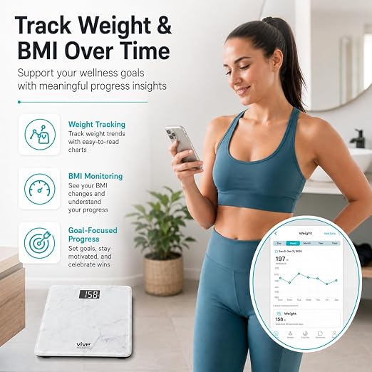 Vive Smart Body Weight Scale (550lbs Capacity) - Heavy Duty Bariatric | Digital Scale for BMI - Plus Size, Large Display - Bathroom Device for Health Extra Wide Base & Smartphone Connectivity