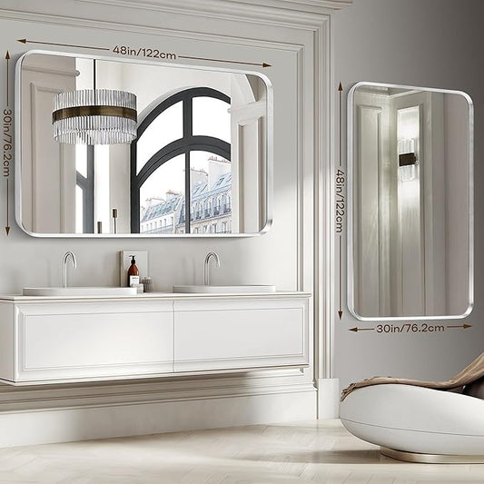 Brushed Nickel Bathroom Wall Mirror, Silver Metal Framed Large Rounded Corner Rectangle Mirror, Tempered Glass, Shatter Proof, Hangs Horizontally or Vertically (30" x 48", Silver)
