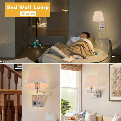Bedside Wall Mount Light with Dimmable Switch and Outlet, Swing Arm Fabric Shade Wall Sconce Light with USB Port and Plug in Cord, Satin Nickel Wall Lamp for Bedroom, Living Room and Hotel