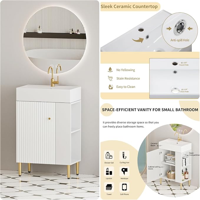 21.6" Freestanding Bathroom Vanity with Ceramic Sink, White | Ceramic Sink, Wave-Pattern Door & Two-Layer Right Open Compartment, Bathroom Storage Cabinet, Easy Installation