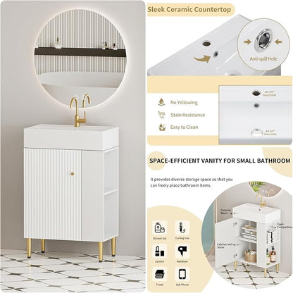 21.6" Freestanding Bathroom Vanity with Ceramic Sink, White | Ceramic Sink, Wave-Pattern Door & Two-Layer Right Open Compartment, Bathroom Storage Cabinet, Easy Installation