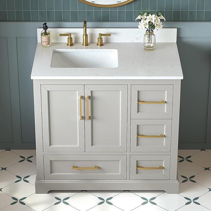 36 Inch Bathroom Vanity with Sink Combo, Solid Wood Frame with Mable Top &Backspalsh, Fully-Assembled with Soft-Closing Doors & 4 Drawers, Greige