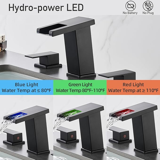 LED Bathroom Faucet 3 Hole, Matte Black Waterfall Bathroom Faucets, 8 Inch Widespread Modern Bathroom Sink Faucet & Parts, Wide Spread Touch On Three Hole 2 Handle Bathroom Vanity Faucet