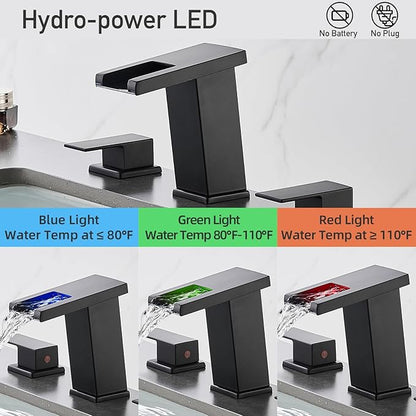 LED Bathroom Faucet 3 Hole, Matte Black Waterfall Bathroom Faucets, 8 Inch Widespread Modern Bathroom Sink Faucet & Parts, Wide Spread Touch On Three Hole 2 Handle Bathroom Vanity Faucet