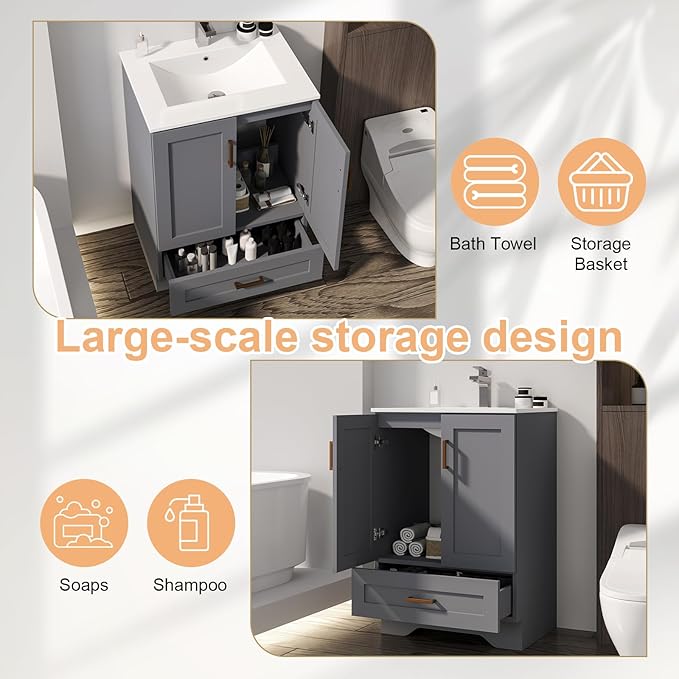 24 inch Bathroom Vanity with Sink, Modern Grey Vanity for Bathroom with Undermount Ceramic Sink, Freestanding 2-Door & 1-Drawer Storage Cabinet, for Small Bathroom Space, (Grey, 24")