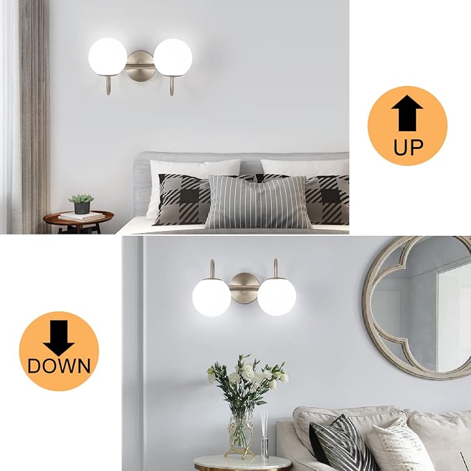 Modern Bathroom Vanity Light Fixtures Brushed Nickel 2 Lights Milk White Globe Glass Shade Modern Wall Sconce Lights Vanity Lights Over Mirror(Exclude G9 Bulb)