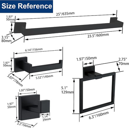 5 Pieces Bathroom Hardware Accessories Set Matte Black, 24Inch Square Towel Racks Set for Bathroom, SUS304 Stainless Steel Towel Bar Set, Bath Accessories Sets Wall Mounted