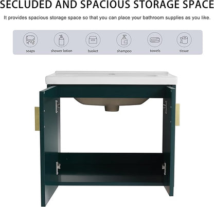 24 Inch Bathroom Vanity with Sink, 24" Floating Vanity with White Glossy Ceramic Sink, Plywood Wooden Bathroom Cabinet with Soft-Close Doors, Modern Wall Mounted Cabinet Set (Green)