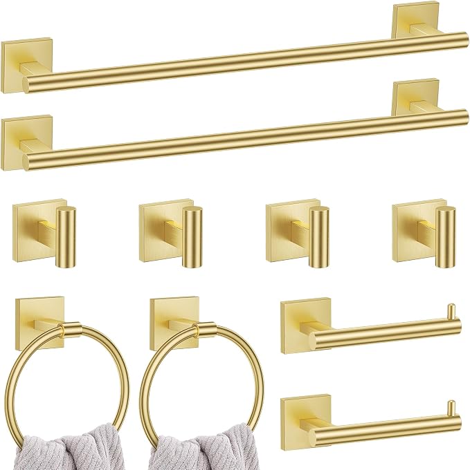 Lairuier 10-Piece Brushed Gold Bathroom Accessories, Towel Bar Set | Bathroom Hardware Set Includes SUS304 23.6" Towel Bar, Towel Ring, Toilet Paper Holder and Towel Hooks Wall Mounted