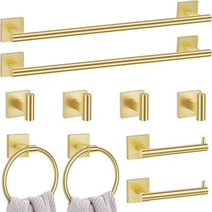 Lairuier 10-Piece Brushed Gold Bathroom Accessories, Towel Bar Set | Bathroom Hardware Set Includes SUS304 23.6" Towel Bar, Towel Ring, Toilet Paper Holder and Towel Hooks Wall Mounted