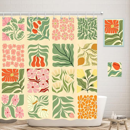 JAWO Retro Shower Curtain Vintage Abstract Boho Floral Shower Curtains for Bathroom Decor Pink Yellow Botanical Geometric Groovy Aesthetic Pattern Shower Curtain Sets with Hooks,90X70IN