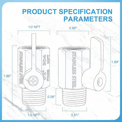 Shower Head Shut Off Valve with Long Handle Lever, 1/2" NPT Stainless Steel | 1/4-Turn Mini Ball Valve, 304 Stainless Steel, Leak-Free, Showerhead Flow Control Water Saver Regulator, Teflon Tape Included