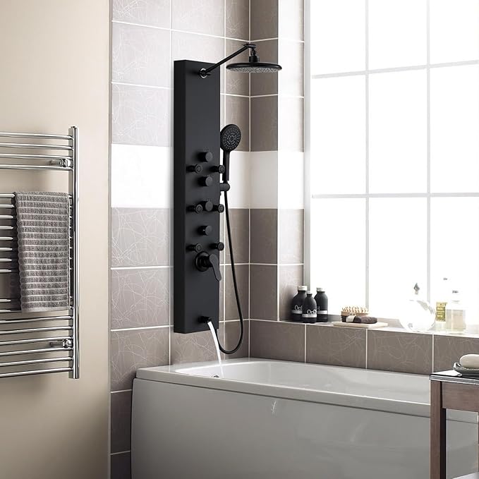 ROVOGO Shower Panel Tower System, 4-Function (Rain Shower, Handheld Sprayer, Body Jets, Tub Spout) with Simultaneous Use Option, Stainless Steel Shower Column with Adjustable Head, Black