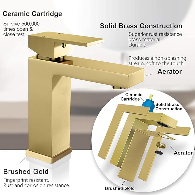 Solid Brass Bathroom Faucet, Gold Bathroom Faucet 1 Hole,CEC & cUPC Certified Lead-Free Single Hole Vanity Gold Faucet with Two Flexible Hoses & Pop Up Drain Stopper