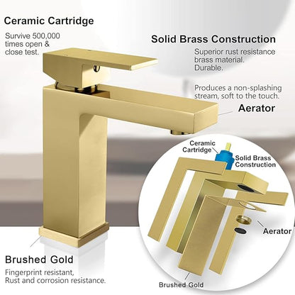 Solid Brass Bathroom Faucet, Gold Bathroom Faucet 1 Hole,CEC & cUPC Certified Lead-Free Single Hole Vanity Gold Faucet with Two Flexible Hoses & Pop Up Drain Stopper