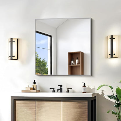 KOCUUY Silver Framed Mirror, 24"x24" Square Bathroom Mirror for Wall, HD Tempered Glass, Anti-Rust Frame, Modern Design for Bathroom, Bedroom, Living Room, Entryway